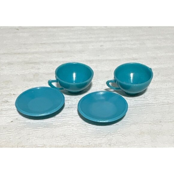 Miniature Marx Little Hostess Turquoise Tea Cups & Saucers Set Of 2 Dollhouse - Picture 3 of 5